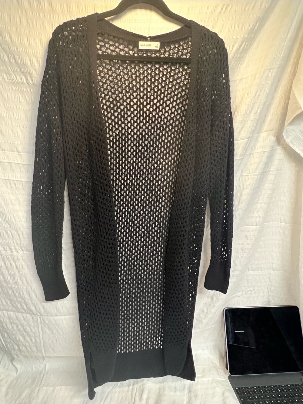Nine West Open-Knit Long Cardigan Sweater - Black
